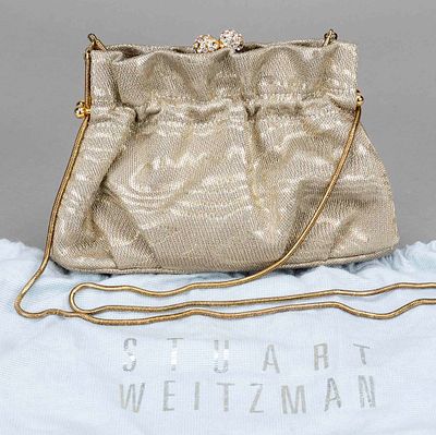 Stuart Weitzmann, Small Evening Purse, gold thread interwoven textile fabric in pouch shape 