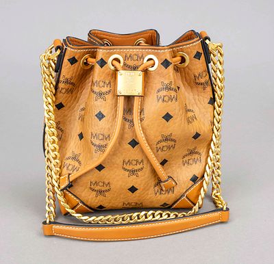 MCM, Soft Berlin Drawstring Mini Bucket Bag, cognac-colored coated canvas with Visetos Heritage 