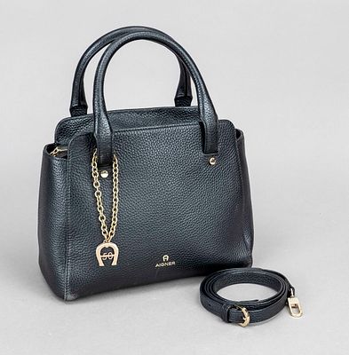 Aigner, Black Ivy Bag, black grained cowhide, gold-coloured hardware, rolled double handles 