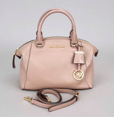 Michael Kors, Riley Bag, taupe grained leather, gold-tone hardware, rolled double handles 