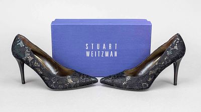 Stuart Weitzman, high heel pumps, bronze-colored smooth leather with black lace trim and other 