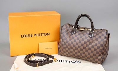 Louis Vuitton, Damier Ebene Canvas Speedy 35, brown checked rubberized cotton fabric with dark 
