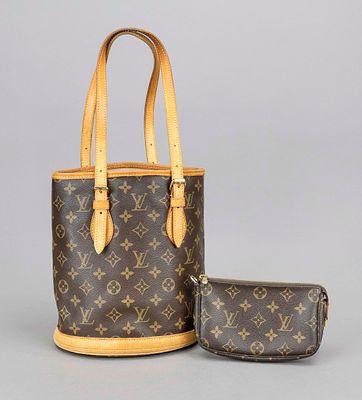 Louis Vuitton, Monogram canvas bucket bag with matching pochette, rubberized cotton fabric in 