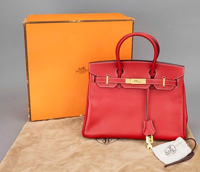 Hermes, Birkin Bag 30 in Rouge Casaque/Turquoise, signal red structured Epsom leather with 