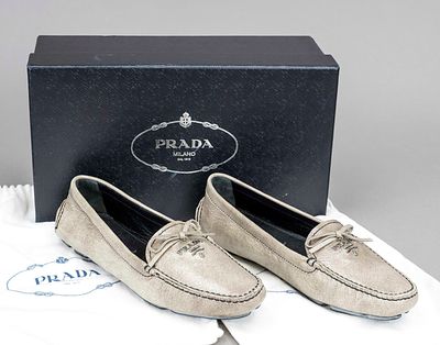 Prada, moccasins, sand-colored shiny leather with craquelee effect and black contrasting 