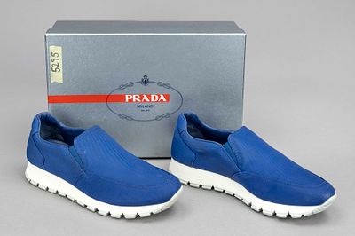 Prada, low top sneaker, navy blue nylon fabric with side elastic inserts and other materials 