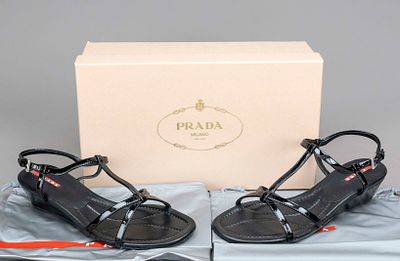 Prada, wedge sandals, black patent leather and other materials, round toe, heel height approx. 