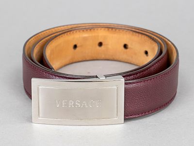 Versace, belt, burgundy grained leather, rectangular silver-colored logo buckle, without size 