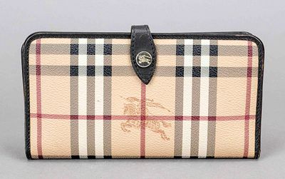 Burberry, large wallet, coated canvas in brand-typical check design with dark brown smooth 