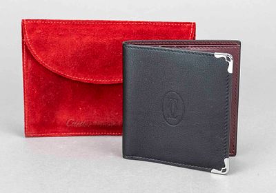 Cartier, card holder/wallet, black fine-grained leather with silver-colored metal applications 