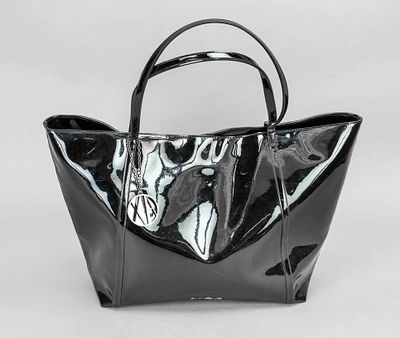 Armani Exchange, Large Black Shopping Tote Bag, black faux leather with patent leather-look 