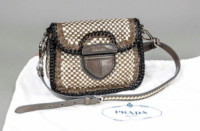 Prada, Madras Woven Leather Crossbody Bag, artfully woven sand-colored, brown and black fine 