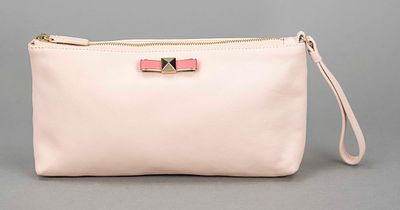 Furla, clutch, powder-colored fine-grained leather, gold-colored hardware, narrow leather wrist 