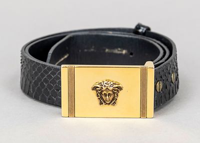 Versace, heavy logo belt buckle, gold-coloured metal in different shades with frontal 