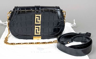 Versace, Black Greca Goddess Leather Shoulder Bag with Croc Effect, shiny black calfskin with 