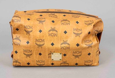 MCM, Cognac Visetos Canvas Travel Cosmetic Bag, cognac-colored coated canvas with Visetos 