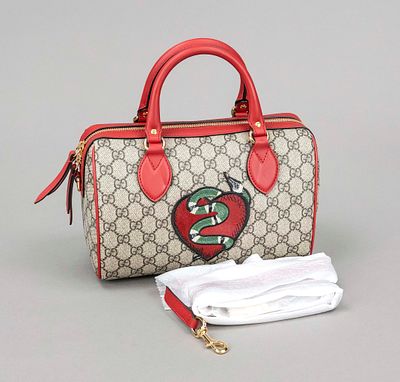 Gucci, Limited Edition Supreme Canvas Boston Snake Bag, coated sand-colored canvas with GG 