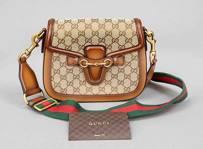 Gucci, Monogram Canvas Lady Web Shoulder Bag, sand-colored canvas with GG Supreme logo in 