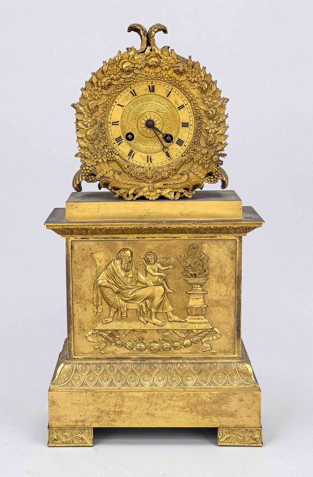 Borne Empire pendulum, 1st half 19th century, fire-gilt bronze, the base with a scholar and 