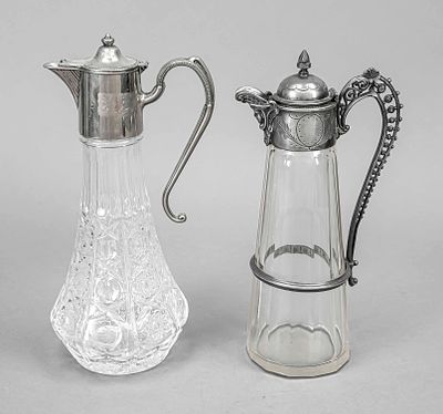 Two gift jugs, 20th century, each with metal mounting with hinged lids, 1x clear glass 