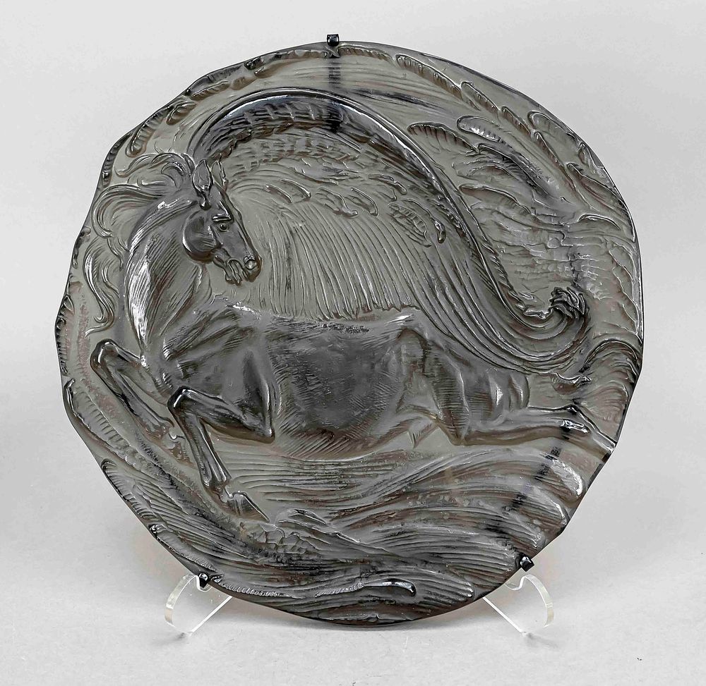 Glass anniversary plate, Rosenthal, 1980, Studio line, designed by Ernst Fuchs, Pegasus, smoked 