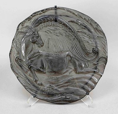 Glass anniversary plate, Rosenthal, 1980, Studio line, designed by Ernst Fuchs, Pegasus, smoked 