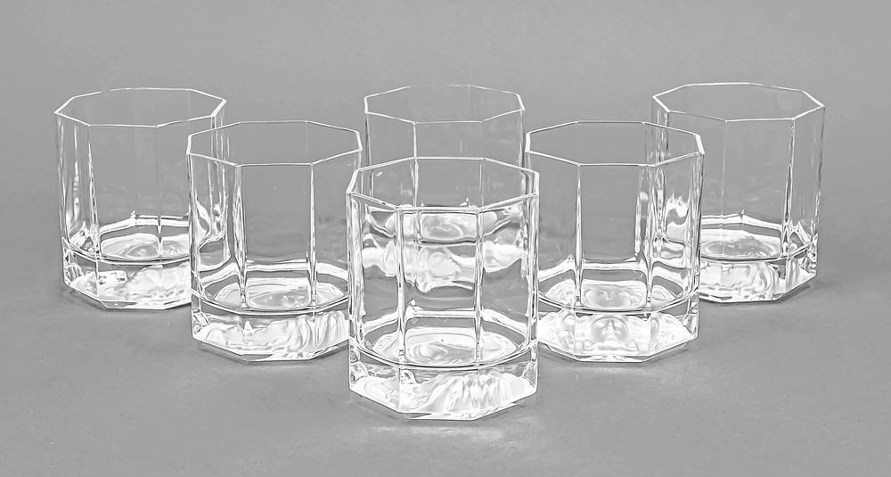 Six whisky glasses, 2nd half of the 20th century, Rosenthal, Versace model, straight octagonal 
