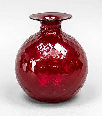 Spherical vase, Italy, late 20th century, Venini, Murano, Monofiori balloton technique, red 