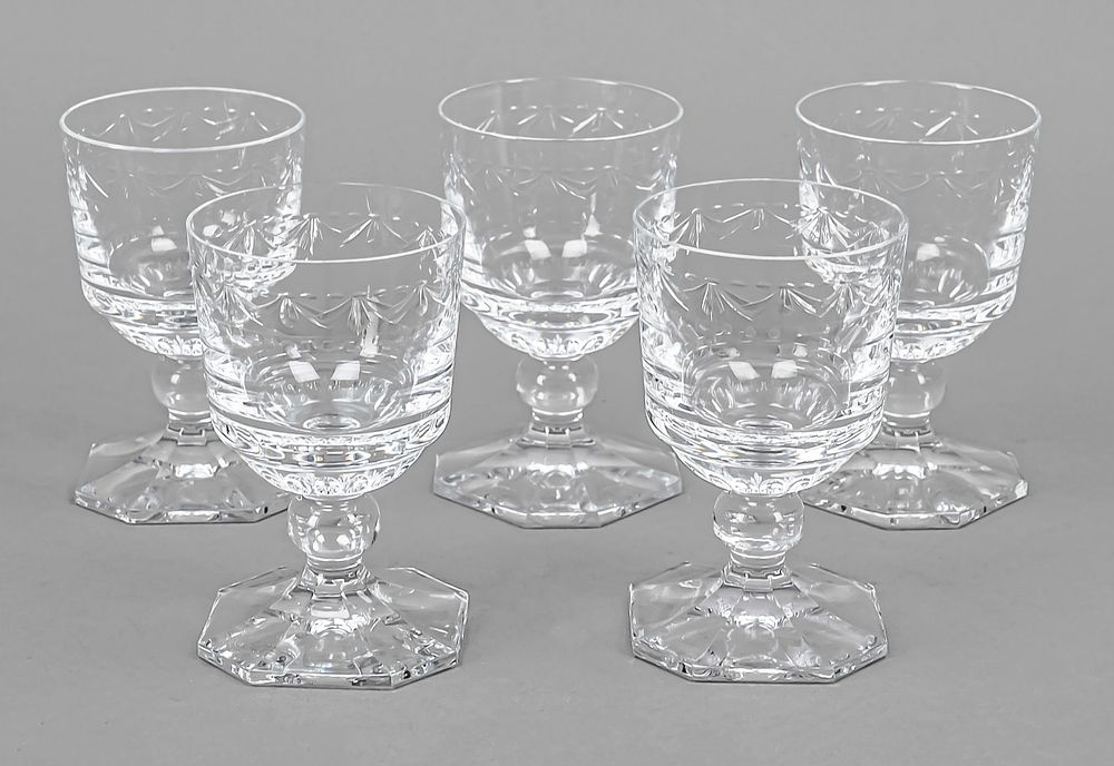 Five wine goblets, KPM Berlin, 20th century, first choice, Kurland shape, clear glass with cut 