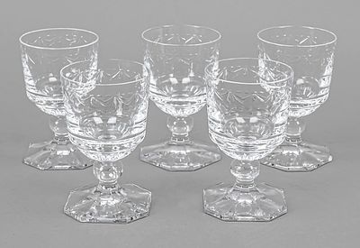 Five wine goblets, KPM Berlin, 20th century, first choice, Kurland shape, clear glass with cut 