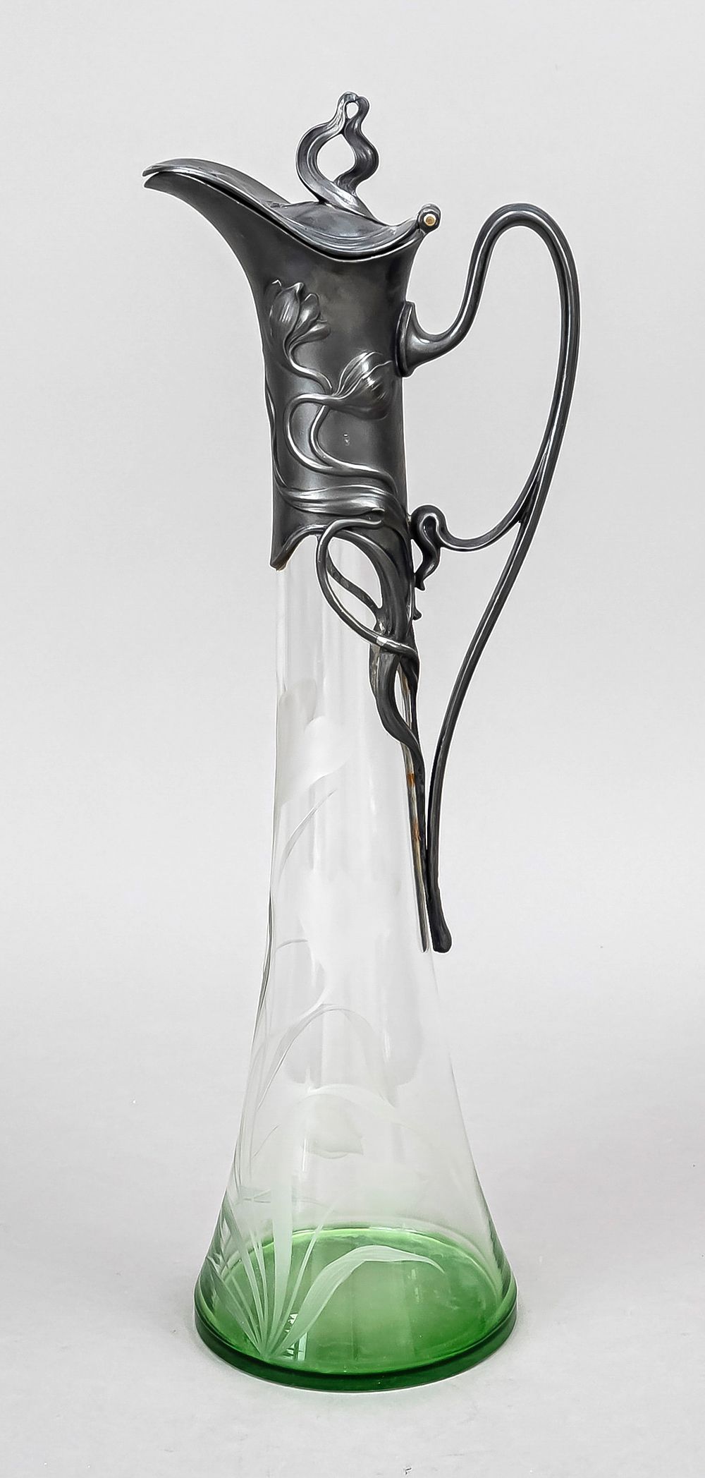 Art Nouveau carafe with pewter mounting, German, around 1900, WMF, Geislingen, ostrich mark 