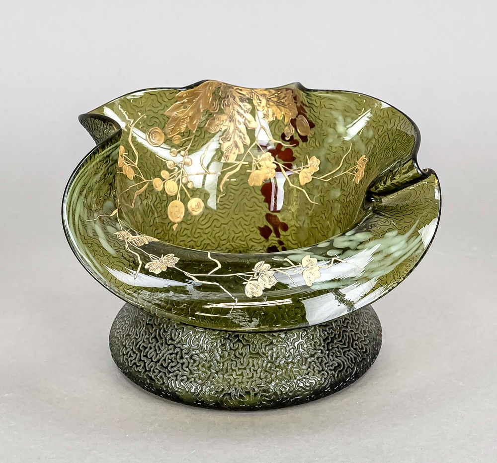 Art Nouveau vase, around 1900, round base, curved body, wide flared rim, green glass with 