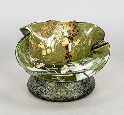 Art Nouveau vase, around 1900, round base, curved body, wide flared rim, green glass with 