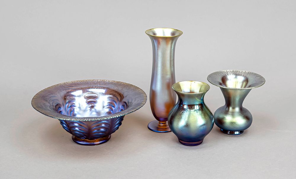 Set of four pieces, WMF, mid-20th century, so-called Myra glass, 3 vases in different shapes 