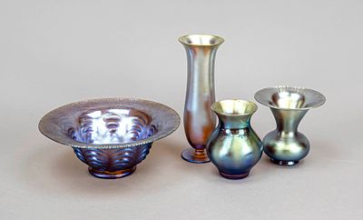 Set of four pieces, WMF, mid-20th century, so-called Myra glass, 3 vases in different shapes 