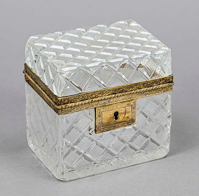 Rectangular lidded box/sugar bowl, 19th century, straight shape, hinged lid with brass rim 