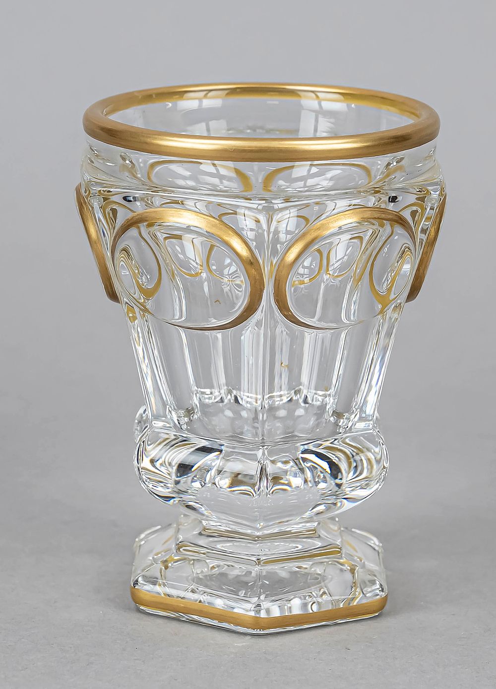 Cup glass, France, 20th century, Baccarat, hexagonal base, angular cup, beaded at the bottom 