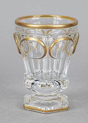 Cup glass, France, 20th century, Baccarat, hexagonal base, angular cup, beaded at the bottom 