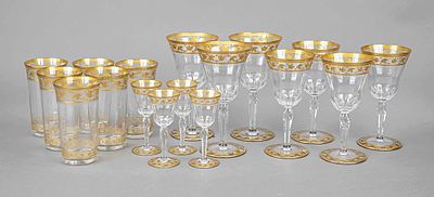 23 glasses, France, 20th century, 11 goblets in 3 sizes, round disc base, slender stem, bowl 