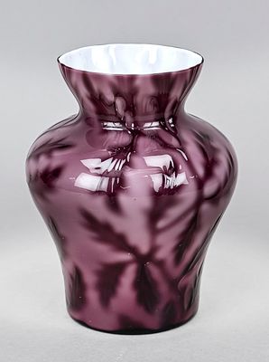 Vase, 20th century, round base, bulbous body, flared rim, white glass with violet overlay with 