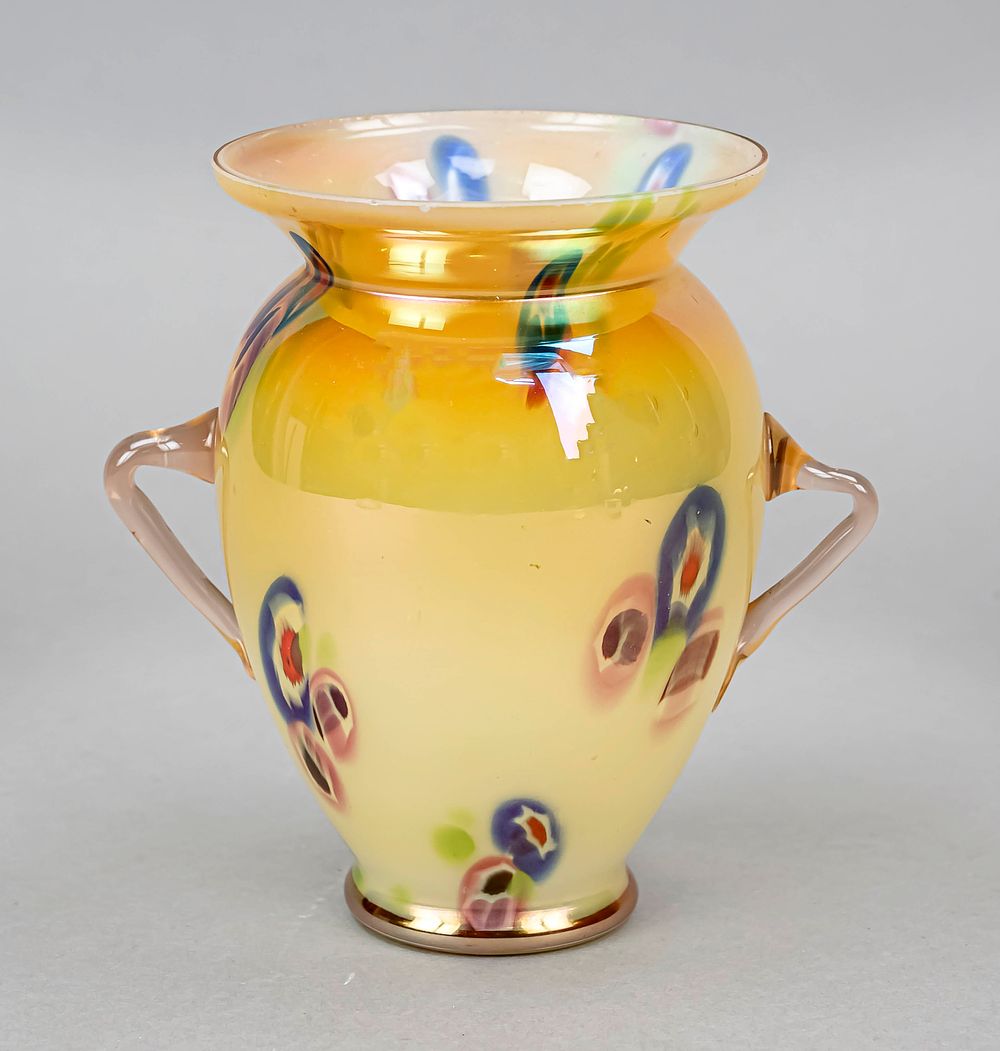 Vase, 2nd half of the 20th century, round base, ovoid body with flared rim and angular handles 