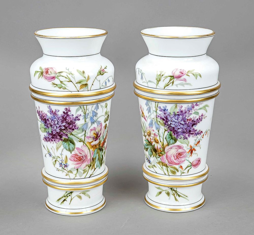 Pair of milk glass vases, around 1900, round base, conical body, multiple beading, flared rim 