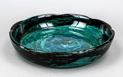 Large round bowl, France, around 1920, Daum, Nancy, flat shape with wavy rim, greenish glass 