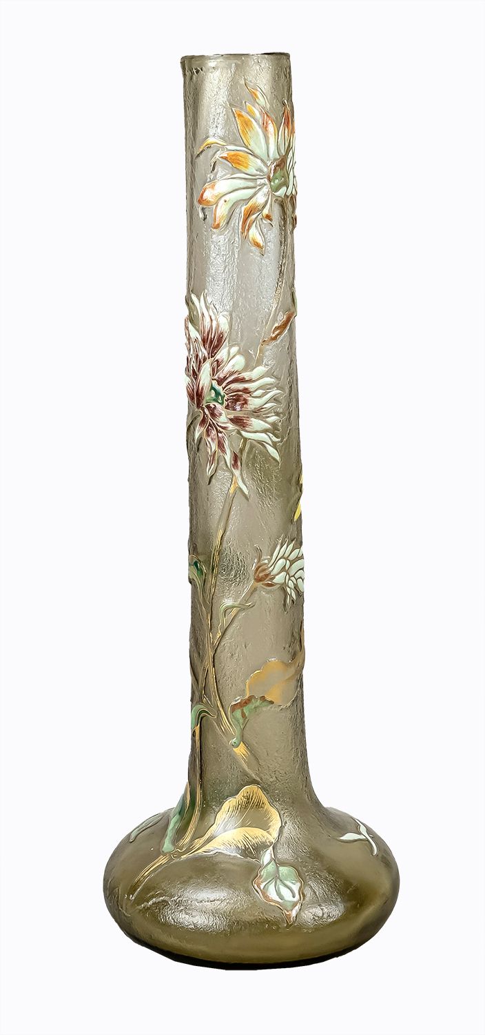 Tall rod vase, France, circa 1920, Emile Gallé, Nancy, round bulging base, slender, slightly 
