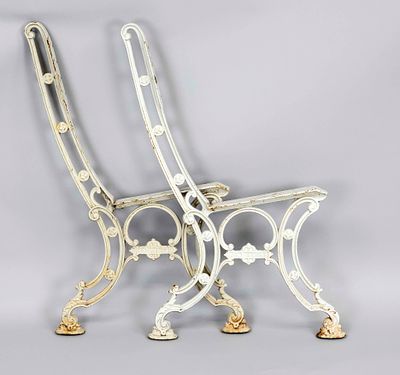 Frame for a garden bench, 19th/20th century, cast iron painted white. Openwork and ornamented 