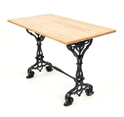 Garden table, 20th century, ornamented base made of cast iron painted black, untreated oak top 