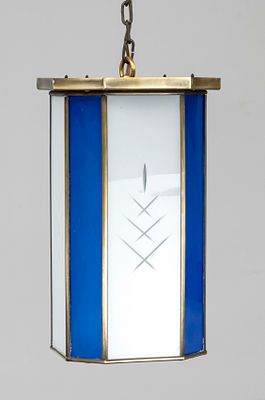Ceiling lamp, lantern, 1st half of the 20th century, brass frame with cobalt blue and frosted 