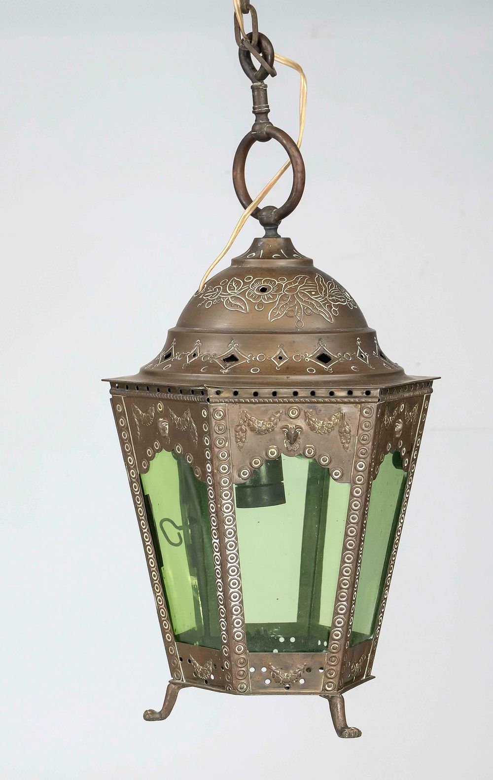 Ceiling lamp, lantern, 19th/20th century, faceted copper frame with ornamented and openwork 