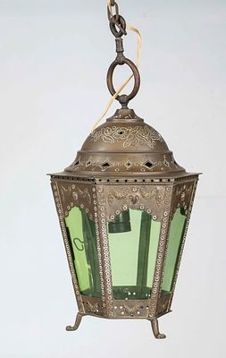 Ceiling lamp, lantern, 19th/20th century, faceted copper frame with ornamented and openwork 