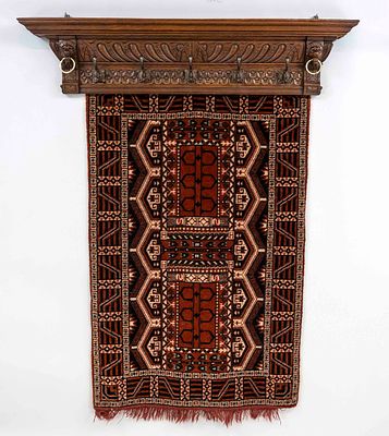 Wardrobe with carpet hanging, 19th/20th century, oak. In the form of a cornice with risalits 